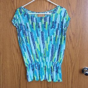 Route 66 blouse w/ drape back green, blue & yellow